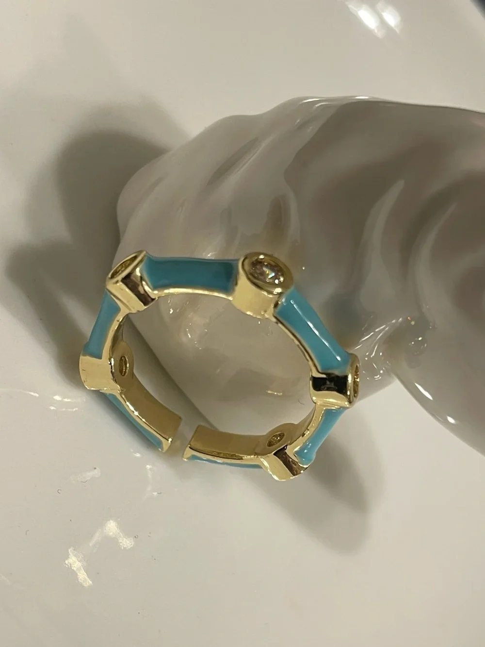 Gold and Turquoise Enamel Bezel CZ Adjustable Ring - Size 7